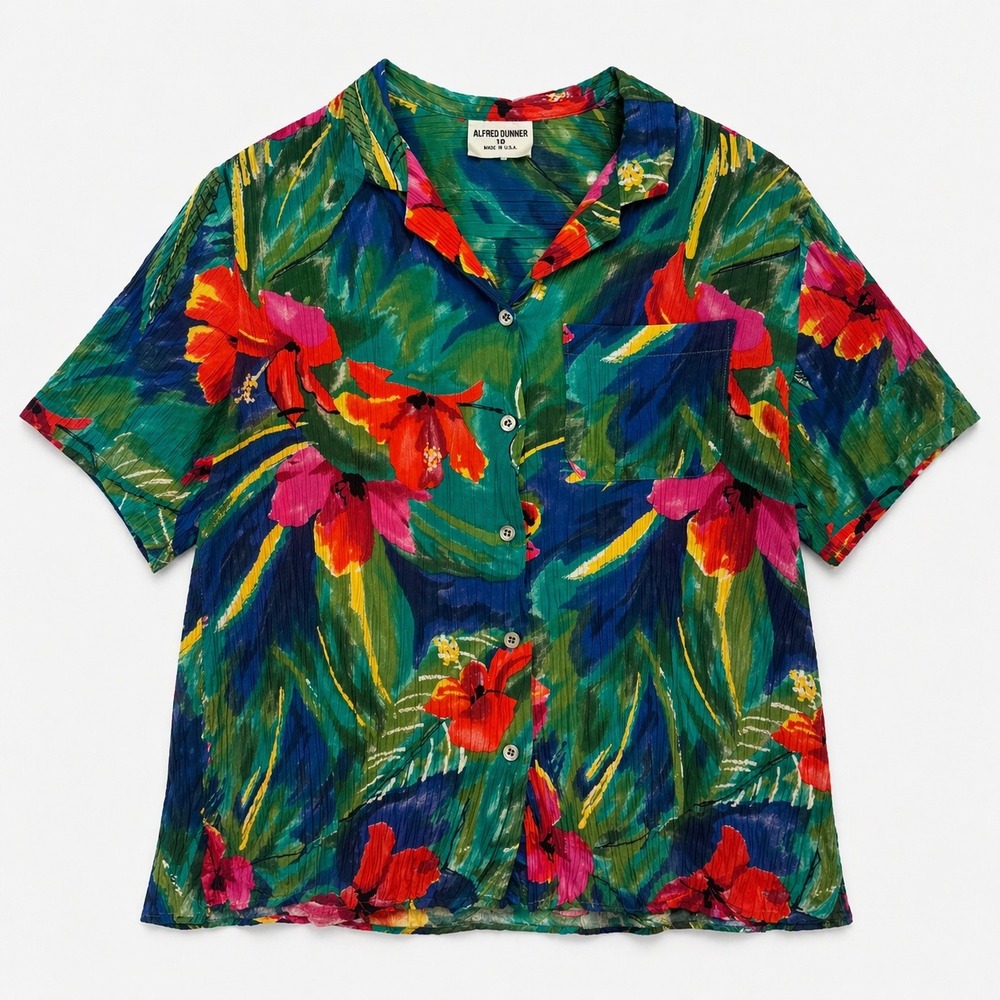 Vtg Tropical Hibiscus Floral Button Up Shirt w 18 USA Maximalist Dopamine Funky